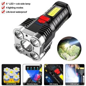 5 LED Flashlight; USB Rechargeable Strong Light With COB Side Searchlight For Outdoor Travel Emergency (Color: Gold Silver)